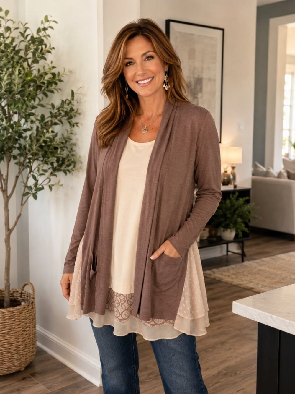 LOGO by Lori Goldstein (2) Piece Long Sleeve Open Front Tunic w/Layering Tank L
